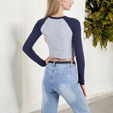 Women's Cropped Long Sleeve Raglan Top with Contrast Sleeves and Casual Fit