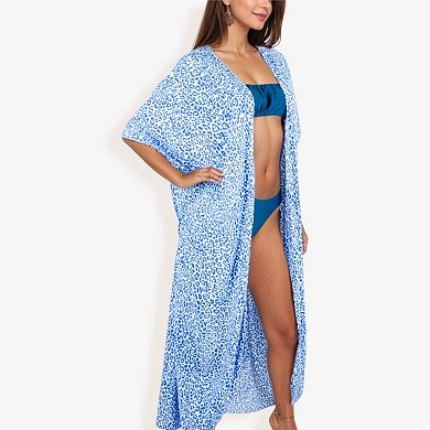 Women's Long Leopard Print Duster Cover Up with Wide Sleeves and Open Front
