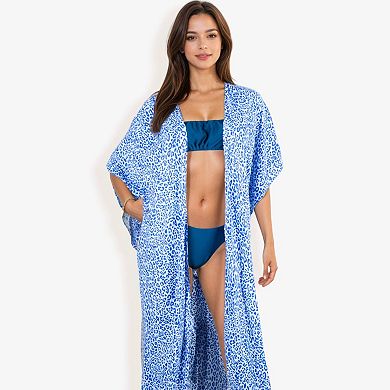 Women's Long Leopard Print Duster Cover Up with Wide Sleeves and Open Front