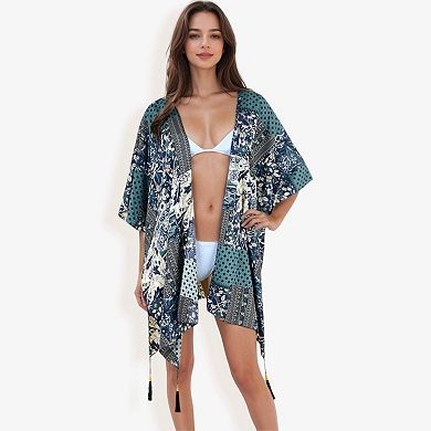 Women's Floral Duster Style Cover-Up With Tassels Open Front And Short Sleeves