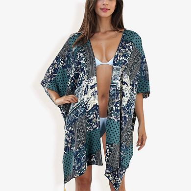 Women's Floral Duster Style Cover-Up With Tassels Open Front And Short Sleeves