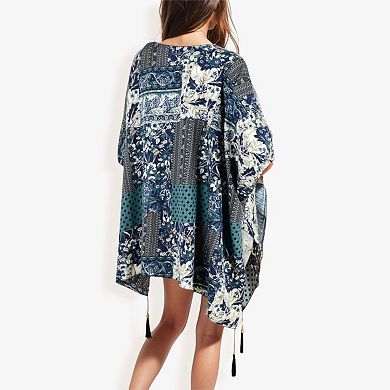 Women's Floral Duster Style Cover-Up With Tassels Open Front And Short Sleeves