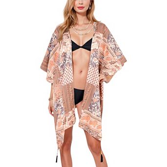 Women's Floral Duster Style Cover-Up With Tassels Open Front And Short Sleeves