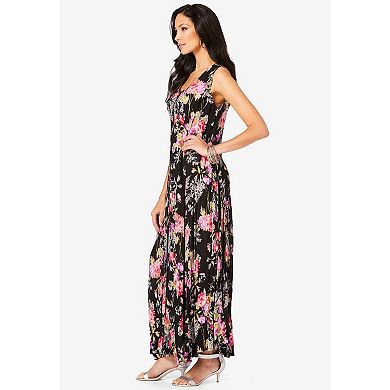 Roaman's Women's Plus Size Petite Plus Size Sleveless Hand-Crinkled Button-Front A-Line Maxi Curvy