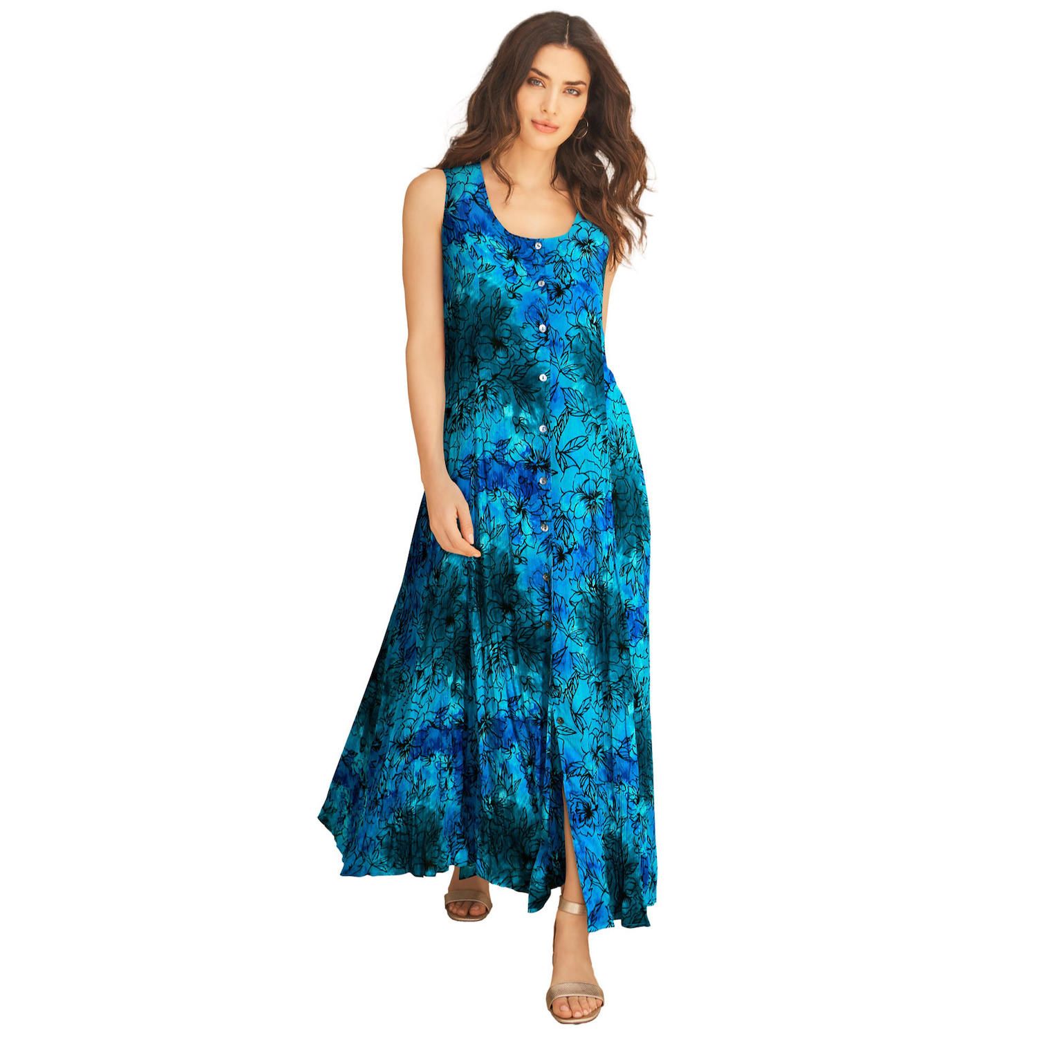 Женские платья Roaman's Plus Size Petite Plus Size Sleveless Hand-Crinkled Button-Front A-Line Maxi Curvy