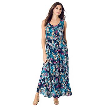 Roaman's Women's Plus Size Petite Plus Size Sleveless Hand-Crinkled Button-Front A-Line Maxi Curvy