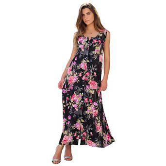 Roaman's Women's Plus Size Petite Plus Size Sleveless Hand-Crinkled Button-Front A-Line Maxi Curvy