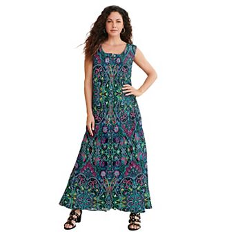 Roaman's Women's Plus Size Petite Plus Size Sleveless Hand-Crinkled Button-Front A-Line Maxi Curvy