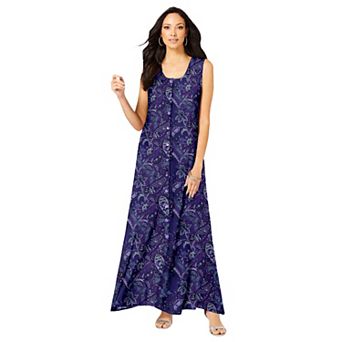 Roaman's Women's Plus Size Petite Plus Size Sleveless Hand-Crinkled Button-Front A-Line Maxi Curvy