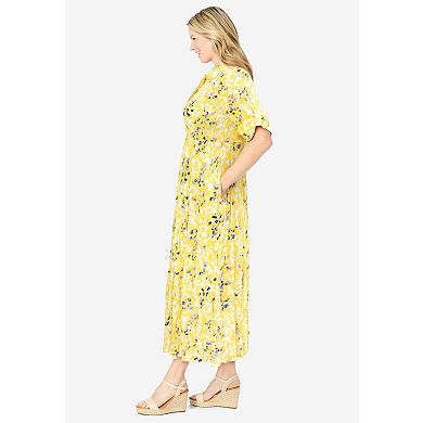 Woman Within Plus Size Petite Roll-Tab Sleeve Crinkle Shirtdress