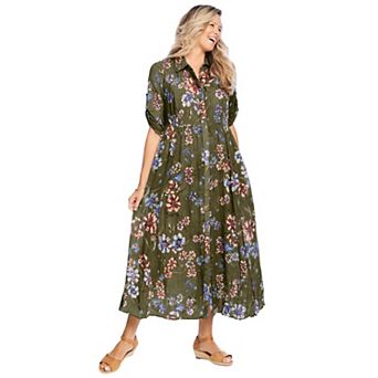 Woman Within Plus Size Petite Roll-Tab Sleeve Crinkle Shirtdress