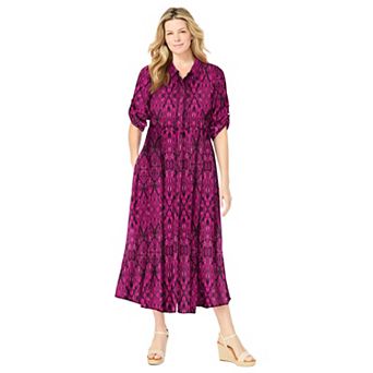 Woman Within Plus Size Petite Roll-Tab Sleeve Crinkle Shirtdress