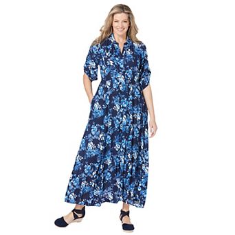 Woman Within Plus Size Petite Roll-Tab Sleeve Crinkle Shirtdress