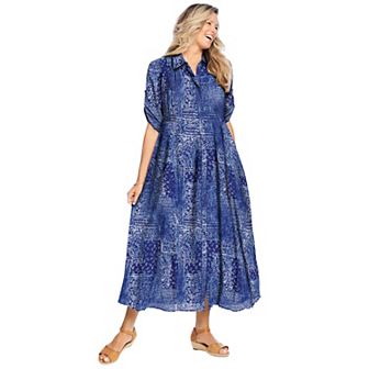 Woman Within Plus Size Petite Roll-Tab Sleeve Crinkle Shirtdress