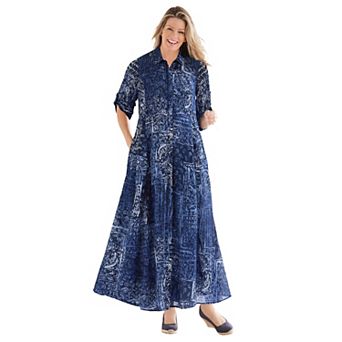 Woman Within Plus Size Petite Roll-Tab Sleeve Crinkle Shirtdress