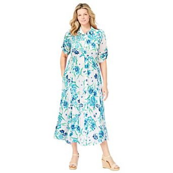 Woman Within Plus Size Petite Roll-Tab Sleeve Crinkle Shirtdress