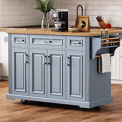 Merax Large Kitchen Island with Rubber Wood Drop Leaf