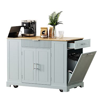 Merax Fluted Kitchen Island with Trash Can Storage Cabinet
