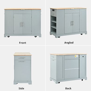 Merax Fluted Kitchen Island with Trash Can Storage Cabinet
