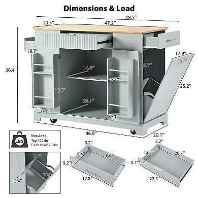 Merax Fluted Kitchen Island with Trash Can Storage Cabinet