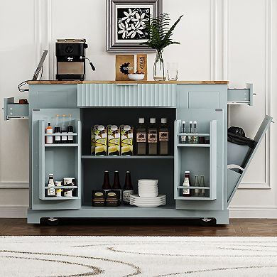 Merax Fluted Kitchen Island with Trash Can Storage Cabinet