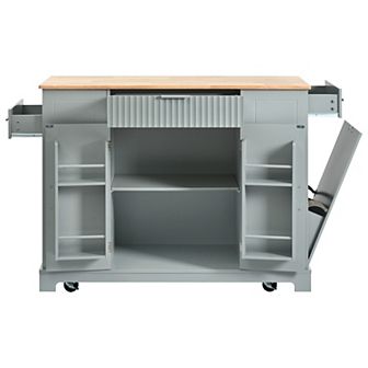 Merax Fluted Kitchen Island with Trash Can Storage Cabinet