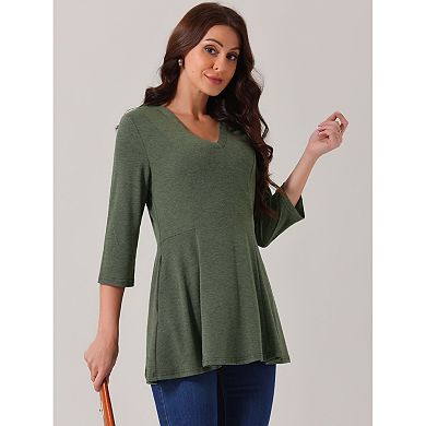 Women's V Neck 3/4 Sleeve Tops Spring Fall Casual T Shirts a Line Basic Blouses with Pockets