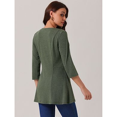 Women's V Neck 3/4 Sleeve Tops Spring Fall Casual T Shirts a Line Basic Blouses with Pockets