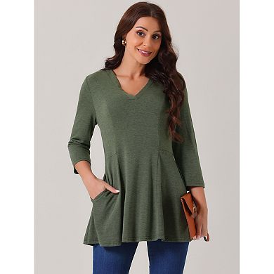Women's V Neck 3/4 Sleeve Tops Spring Fall Casual T Shirts a Line Basic Blouses with Pockets