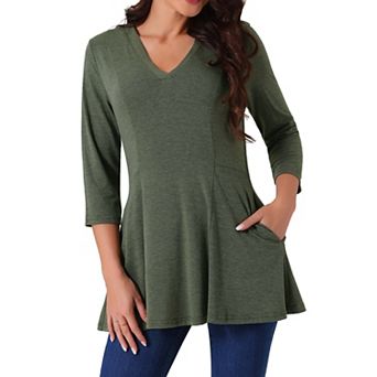Women's V Neck 3/4 Sleeve Tops Spring Fall Casual T Shirts a Line Basic Blouses with Pockets
