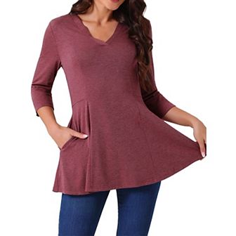 Women's V Neck 3/4 Sleeve Tops Spring Fall Casual T Shirts a Line Basic Blouses with Pockets