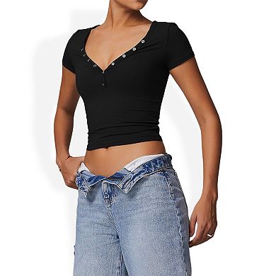 Women's Short Sleeve V-Neck Top with Grommet Details and Slim Fit