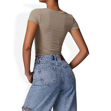 Women's Short Sleeve V-Neck Top with Grommet Details and Slim Fit