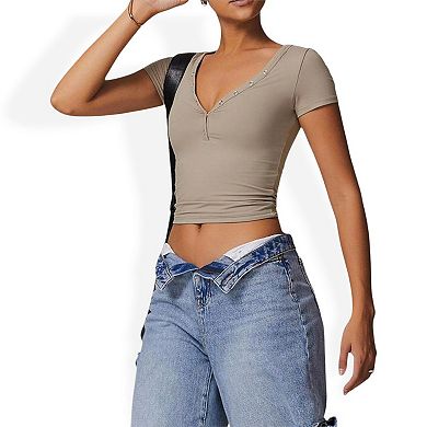 Women's Short Sleeve V-Neck Top with Grommet Details and Slim Fit