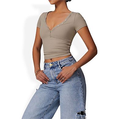 Women's Short Sleeve V-Neck Top with Grommet Details and Slim Fit