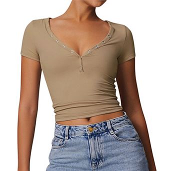 Women's Short Sleeve V-Neck Top with Grommet Details and Slim Fit