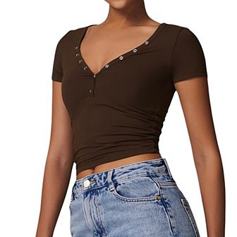 Women's Short Sleeve V-Neck Top with Grommet Details and Slim Fit