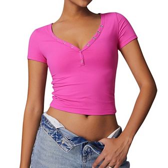 Women's Short Sleeve V-Neck Top with Grommet Details and Slim Fit