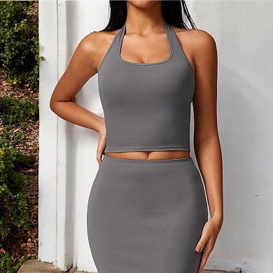 Women's Ribbed Halter Neck Sports Bra with Built-In Bra