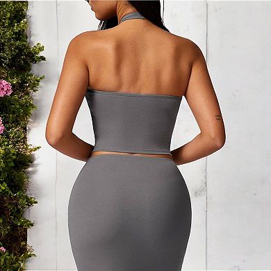 Women's Ribbed Halter Neck Sports Bra with Built-In Bra