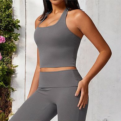 Women's Ribbed Halter Neck Sports Bra with Built-In Bra