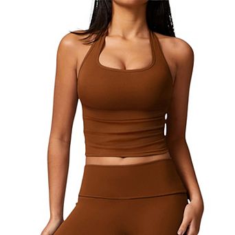 Women's Ribbed Halter Neck Sports Bra with Built-In Bra