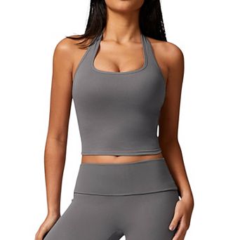 Women's Ribbed Halter Neck Sports Bra with Built-In Bra