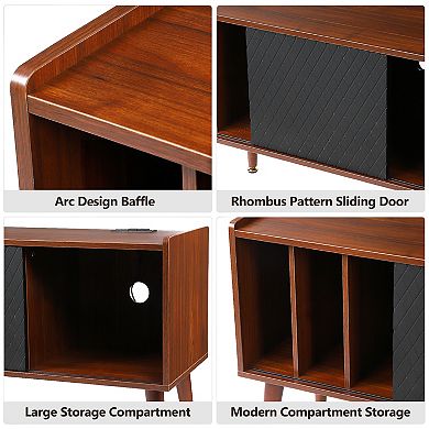 Record Player Stand with Vinyl Storage, Holds Up to 300 Albums, with Charging Station