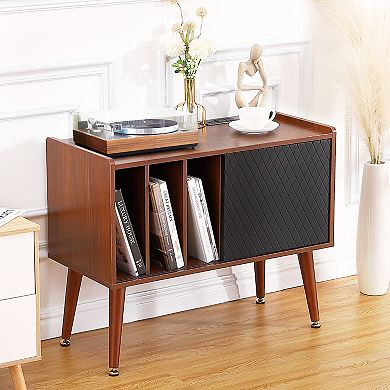 Record Player Stand with Vinyl Storage, Holds Up to 300 Albums, with Charging Station