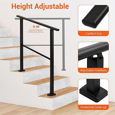 Metal Hand Rails for Outdoor Steps, Stair Rails for Seniors-Height Adjustable, 3 Steps