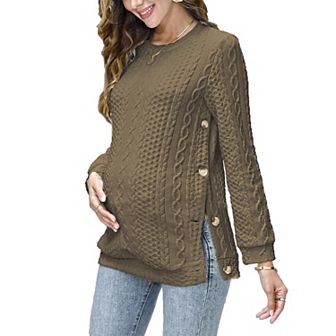 Women's Cable Knit Maternity Top Long Sleeve Pregnancy Nursing Sweatshirt Double Split with Buttons