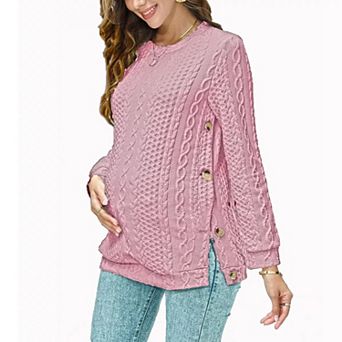 Women's Cable Knit Maternity Top Long Sleeve Pregnancy Nursing Sweatshirt Double Split with Buttons