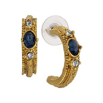 1928 Gold Tone Oval Crystal Hoop Earrings