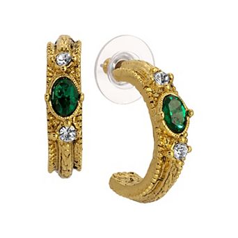 1928 Gold Tone Oval Crystal Hoop Earrings